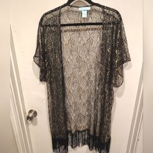 Betsey Johnson Black & Gold Lace Fringe Hem Kimono Cardigan OSFM Whimsigoth Y2K